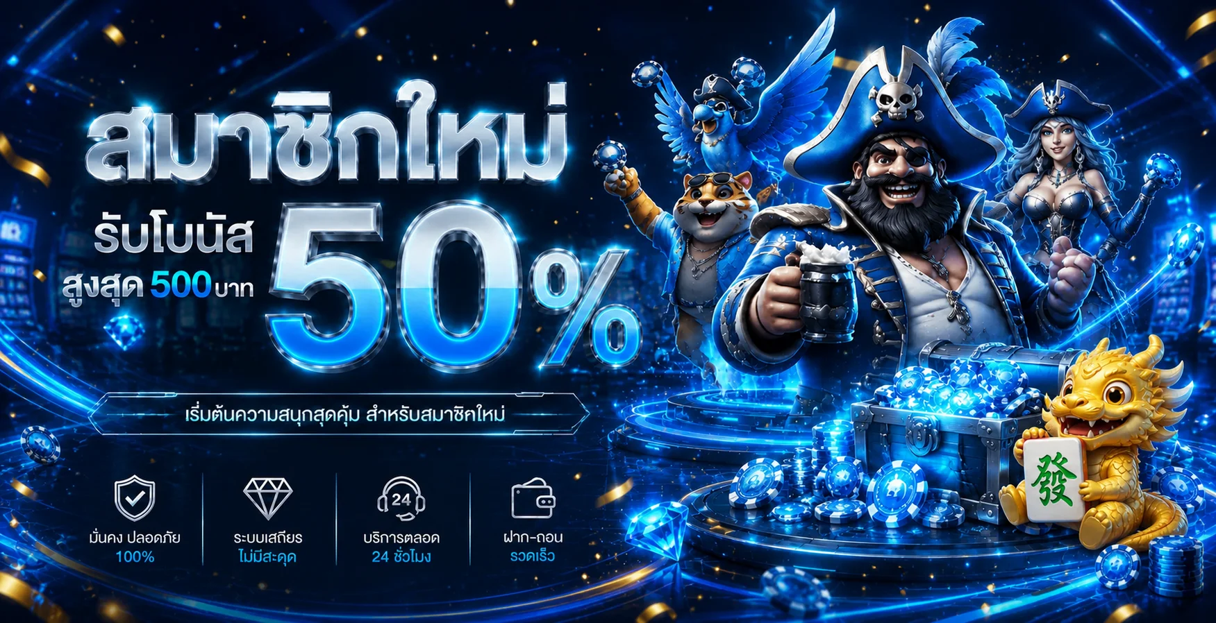แบนเนอร์สมาชิกใหม่ RICHWIN66 โทนฟ้าและทองพร้อมตัวละครเกม